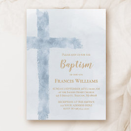 blue watercolor cross Baptism  Inbjudningar