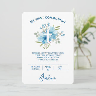 Blue Watercolor Cross First Holy Communion Inbjudningar