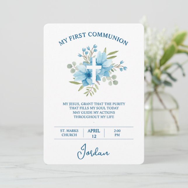 Blue Watercolor Cross First Holy Communion Inbjudningar (Stående Fram)