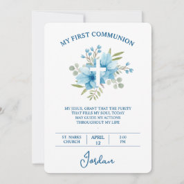 Blue Watercolor Cross First Holy Communion Inbjudningar