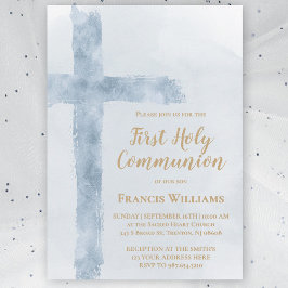 blue watercolor cross First Holy Communion Inbjudningar