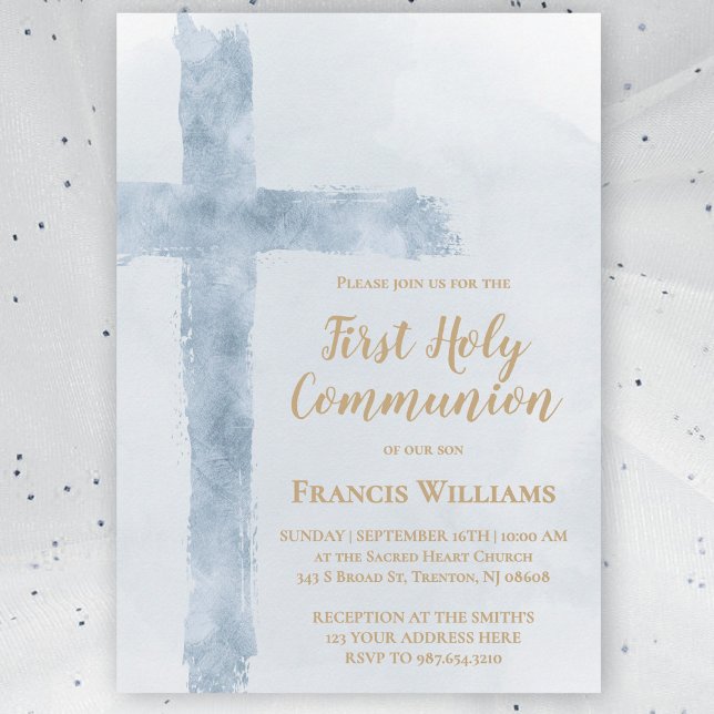 blue watercolor cross First Holy Communion Inbjudningar (Skapare uppladdad)