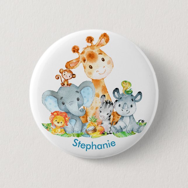 Blue Watercolor Cute Safari Jungle Animals Knapp (Framsida)