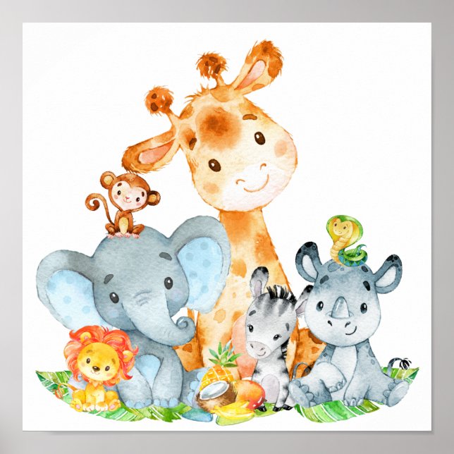 Blue Watercolor Cute Safari Jungle Animals Poster (Framsidan)