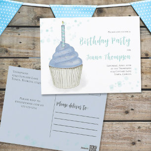 Blue Watercolor Cute Whimsical Cupcoa Birthday Vykort
