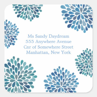 Blue Watercolor Dahlias Adress Bröllop Sticker Fyrkantigt Klistermärke