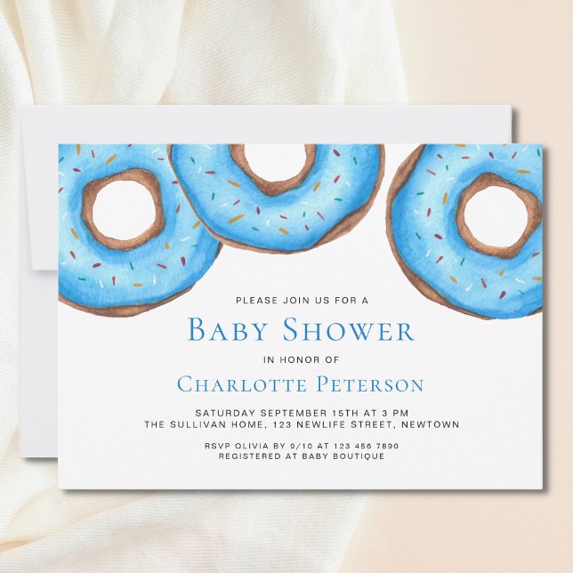 Blue Watercolor Donuts Sprinkles Boy's Baby Shower Inbjudningar (Skapare uppladdad)