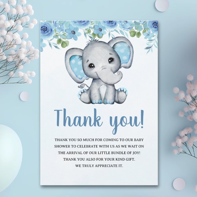 Blue Watercolor Elephant Baby shower Boy Tack Kort (Skapare uppladdad)