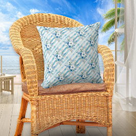 Blue Watercolor Floral & Diagonal Stripes Coastal  Kudde