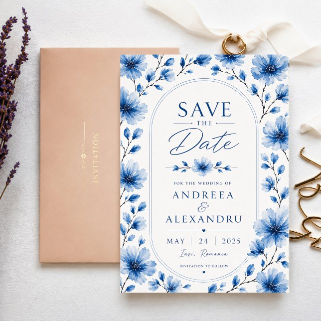 Blue Watercolor Floral Elegant Blossom Romantic  Spara Datumet (Skapare uppladdad)