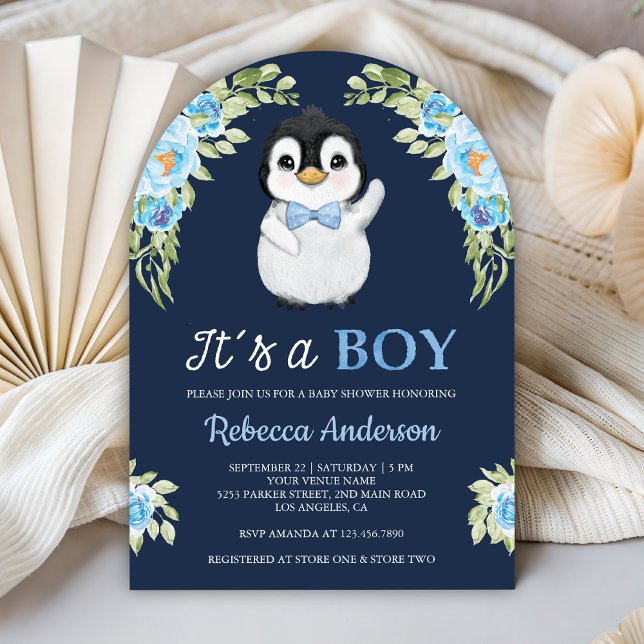 Blue Watercolor Floral Penguin Navy Baby Shower Inbjudningar (Skapare uppladdad)