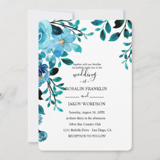 blue watercolor floral rustic wedding inbjudningar