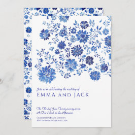 Blue Watercolor Floral Wedding Invitation Inbjudningar