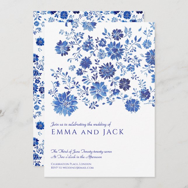 Blue Watercolor Floral Wedding Invitation Inbjudningar (Fram/baksida)