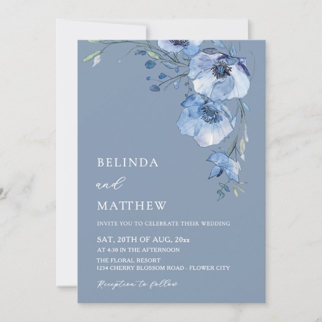 Blue Watercolor Flowers Casual Wedding Inbjudningar (Framsida)