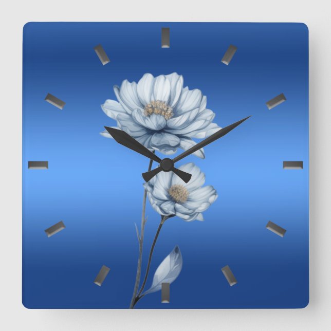 Blue Watercolor Flowers Wall Clock Fyrkantig Klocka (Framsida)