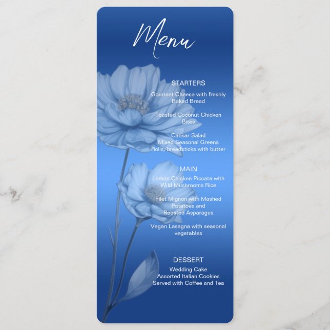 Blue Watercolor Flowers Wedding Menu Meny (Framsida)