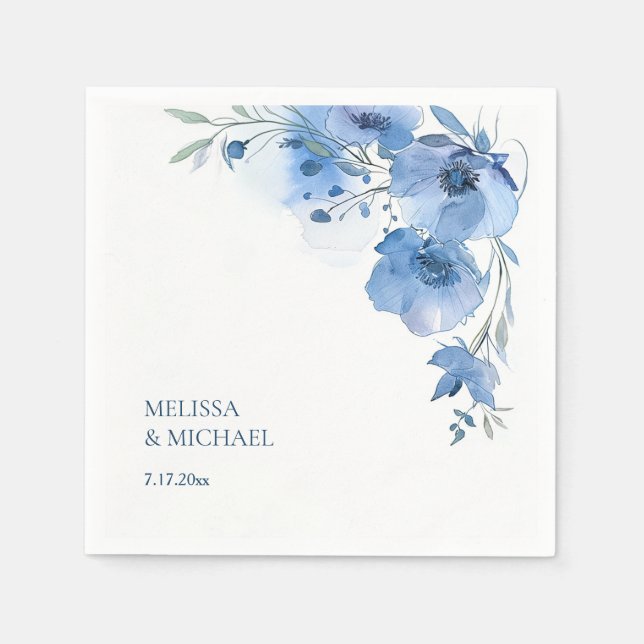Blue Watercolor Flowers Wedding Pappersservett (Framsidan)