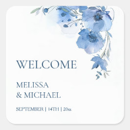 Blue Watercolor Flowers Wedding Welcome Fyrkantigt Klistermärke