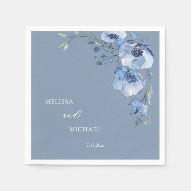 Blue Watercolor Flowers Your Names Wedding Pappersservett (Framsidan)