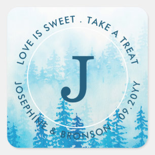 Blue Watercolor Foggy Forest Monogram Fyrkantigt Klistermärke