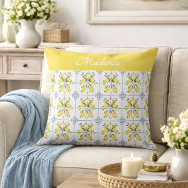 Blue Watercolor French Country Lemon Name Monogram Kudde