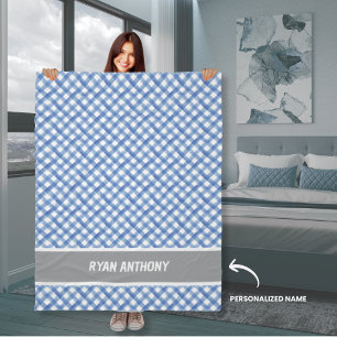 Blue Watercolor Gingham PCheckered Boys Namn Fleecefilt