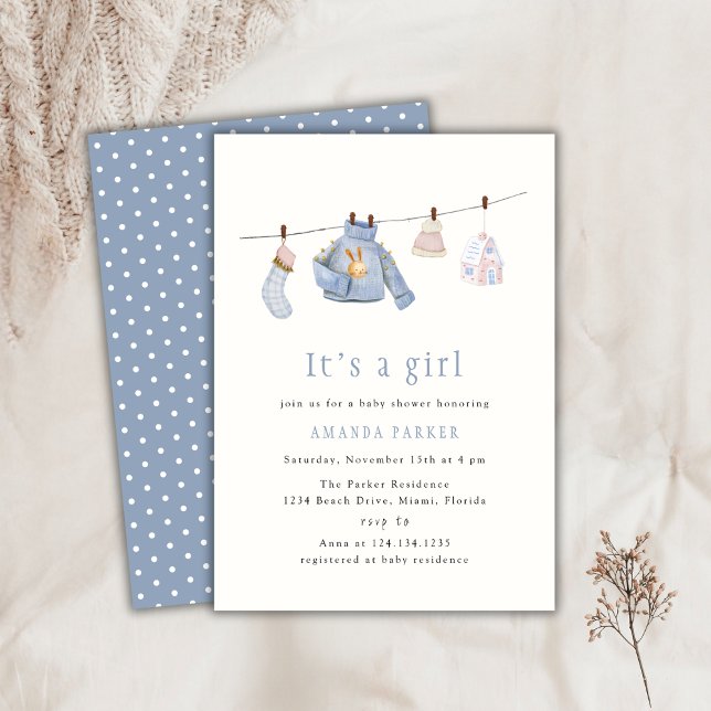 Blue Watercolor Girl Winter Clothes Baby Shower Inbjudningar (Blue Watercolor Girl Winter Clothes Baby Shower Invitation)