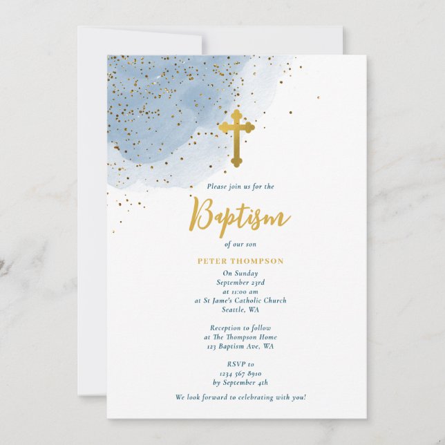 Blue Watercolor Glitter Guld Kor Baptism Boy Inbjudningar (Framsida)