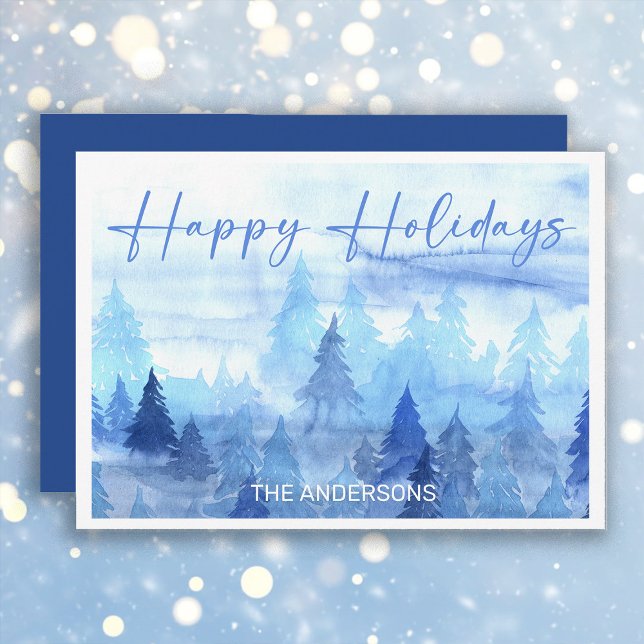 Blue Watercolor Gräs Träd Winter Glad helg Julkort (Blue and white "Happy Holidays" greeting card personalized with your own text.)
