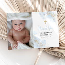 Blue Watercolor Guld Boy Christening Baptism Photo Tack Kort