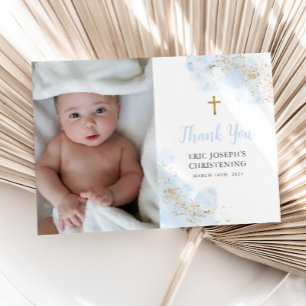 Blue Watercolor Guld Boy Christening Baptism Photo Tack Kort