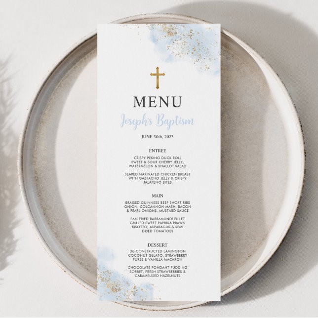 Blue Watercolor Guld Boys Christening Baptism Menu Meny (Baptism Menu | Matching invitation and other matching items available. )