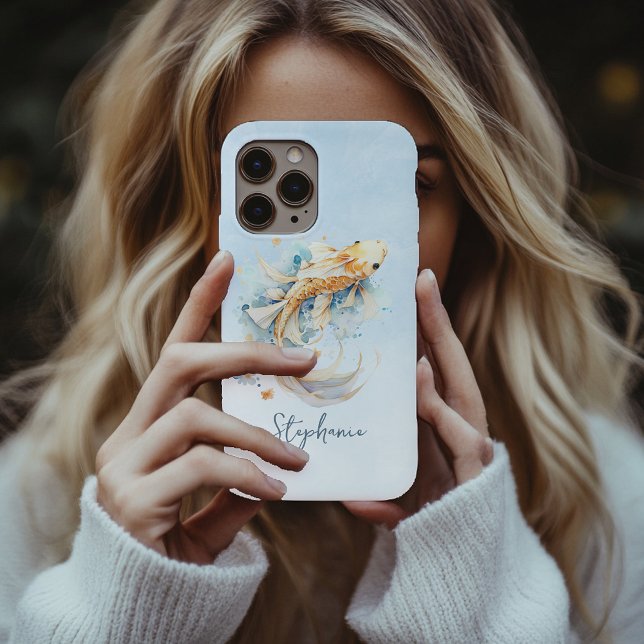 Blue Watercolor Guld Koi Fish Personlig (Blue Watercolor Gold Koi Fish Personalized Case-Mate iPhone Case)