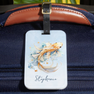 Blue Watercolor Guld Koi Fish Personlig Bagagebricka