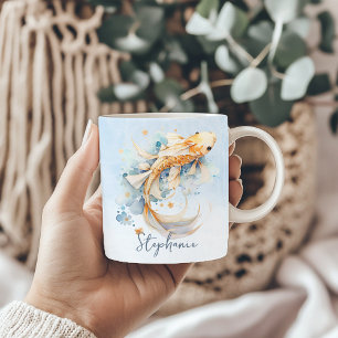 Blue Watercolor Guld Koi Fish Personlig Kaffemugg