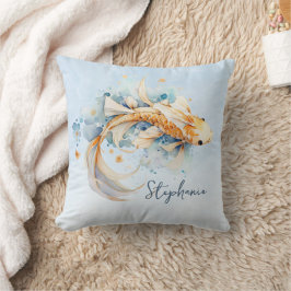 Blue Watercolor Guld Koi Fish Personlig Kudde