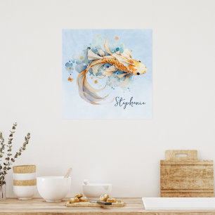 Blue Watercolor Guld Koi Fish Personlig Poster