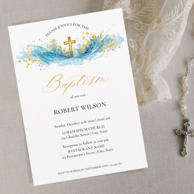 Blue Watercolor Guld Kor Boy Christening Baptism Inbjudningar (Skapare uppladdad)