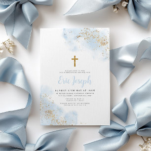 Blue Watercolor Guld Kor Boy Christening Baptism Inbjudningar