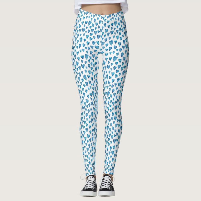 Blue Watercolor Heart mönster Leggings (Framsida)