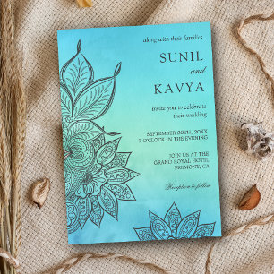 Blue Watercolor Henna Indian Wedding Investigation Inbjudningar