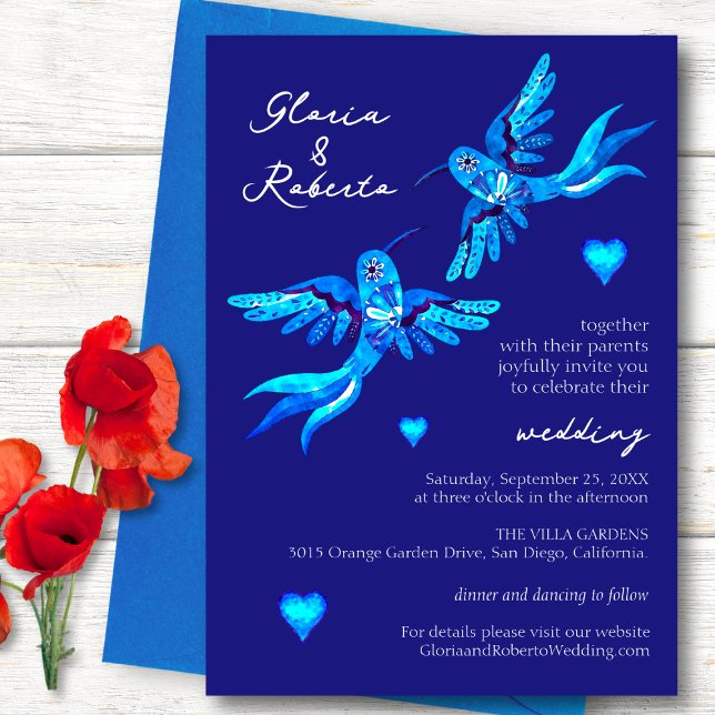 Blue Watercolor Hummingbird Mexican Bröllop Inbjudningar (Skapare uppladdad)