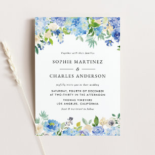 Blue Watercolor Hydrangea och Ro Winter Wedding Inbjudan Vykort