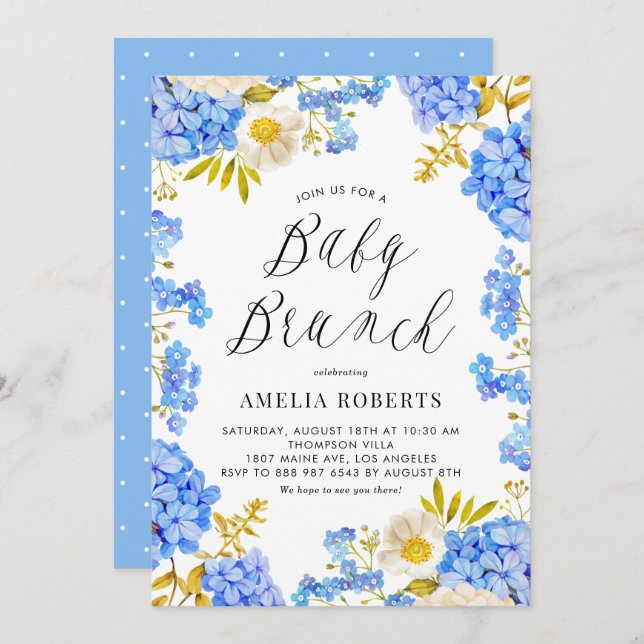 Blue Watercolor Hydrangeas Blommigt Baby Brunch Inbjudningar (Fram/baksida)