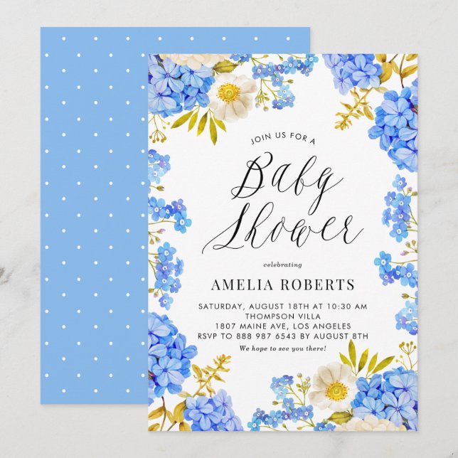 Blue Watercolor Hydrangeas Blommigt Baby Shower Inbjudningar (Fram/baksida)