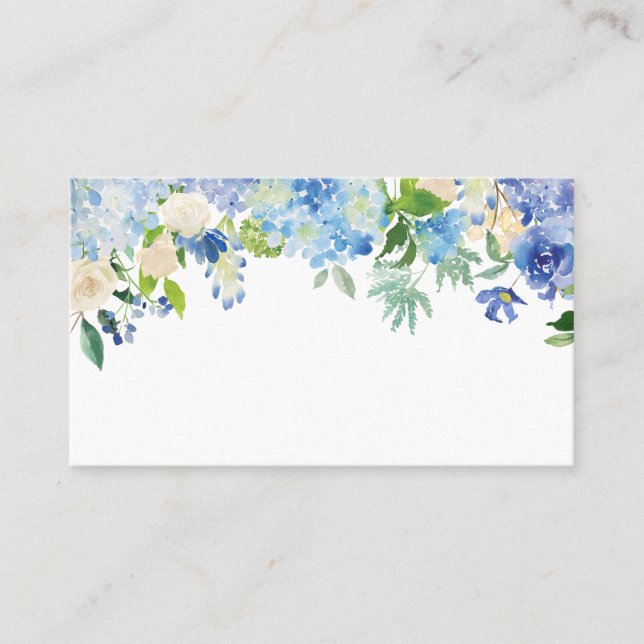 Blue Watercolor Hydrangeas & Ro Blommigt Garland Placeringskort (Framsida)