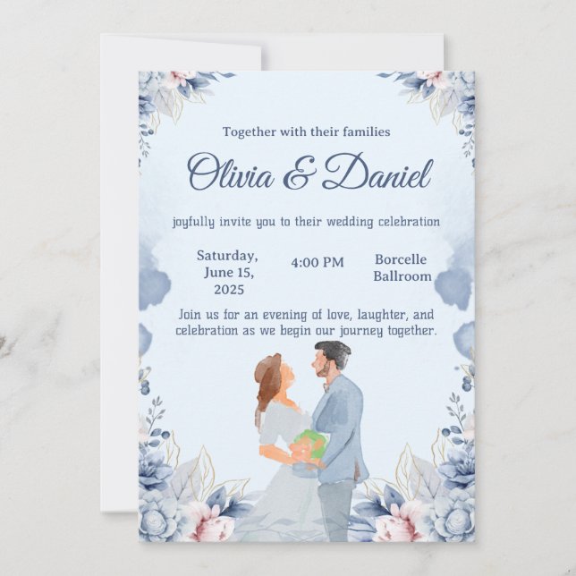 Blue Watercolor Illustration Wedding Invitation Inbjudningar (Framsida)