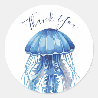 Blue Watercolor Jellyfish Tack Runt Klistermärke