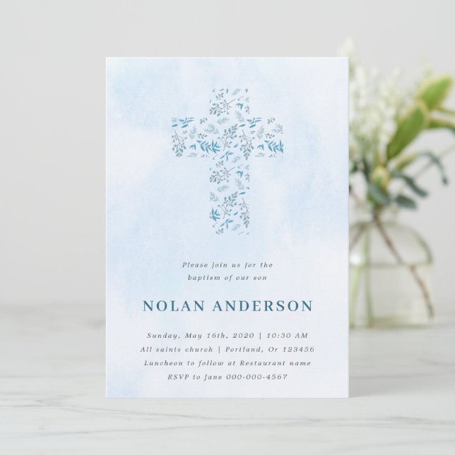 Blue Watercolor Kor i Calligraphy Baptism Boy Inbjudningar (Stående Fram)